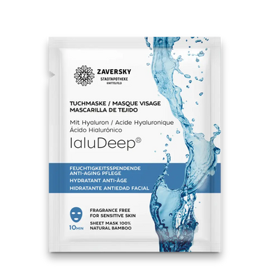 IaluDeep Tuchmaske von Zaversky mit Hyaluron, weißes Sachet mit blauem Wasser-Motiv, feuchtigkeitsspendende Anti-Aging Pflege