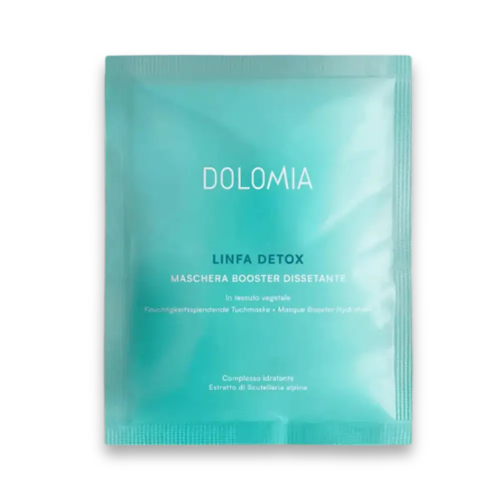 Dolomia Linfa Detox Maschera Booster Dissetante, feuchtigkeitsspendende Tuchmaske im türkisen Sachet, Vorderansicht