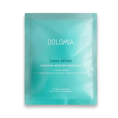 Dolomia Linfa Detox Maschera Booster Dissetante, feuchtigkeitsspendende Tuchmaske im türkisen Sachet, Vorderansicht