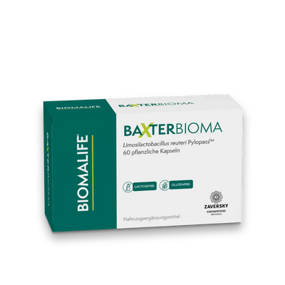 BaxterBioma Biomalife Verpackung mit 60 pflanzlichen Kapseln, Limosilactobacillus reuteri Pylopass, laktose- und glutenfrei, Zaversky.