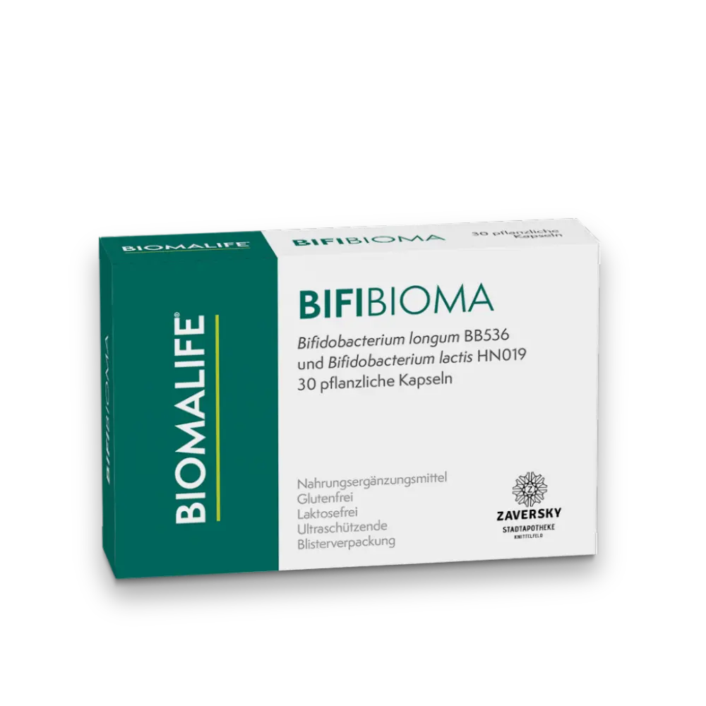 Verpackung BIOMALIFE BIFIBIOMA in Grün-Weiß, 30 pflanzliche Kapseln mit Bifidobacterium longum und lactis, Apotheke Zaversky.