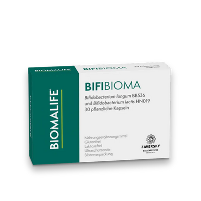 Verpackung BIOMALIFE BIFIBIOMA in Grün-Weiß, 30 pflanzliche Kapseln mit Bifidobacterium longum und lactis, Apotheke Zaversky.