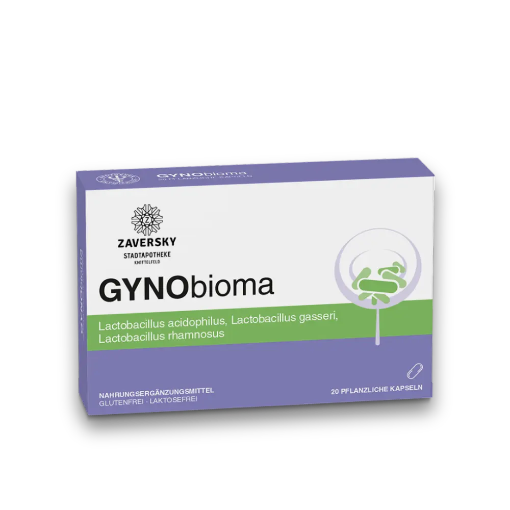 Verpackung GYNObioma von Zaversky mit Lactobacillus-Stämmen, lila-weißes Design, 20 pflanzliche Kapseln, glutenfrei und laktosefrei.