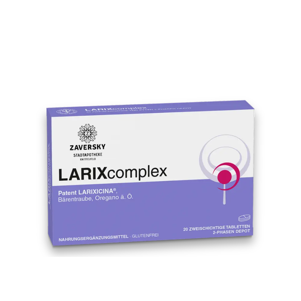 LARIXcomplex von Zaversky in lila-weißer Verpackung mit Patent LARIXICINA, Bärentraube und Oregano, 20 zweischichtige Tabletten.