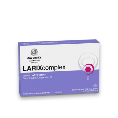 LARIXcomplex von Zaversky in lila-weißer Verpackung mit Patent LARIXICINA, Bärentraube und Oregano, 20 zweischichtige Tabletten.