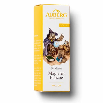 Gelb-weiße Verpackung von AUBERG Dr. Klade's Magierin Benzoe Roll-On mit Eulen-Illustration und Kategorie „Schule".