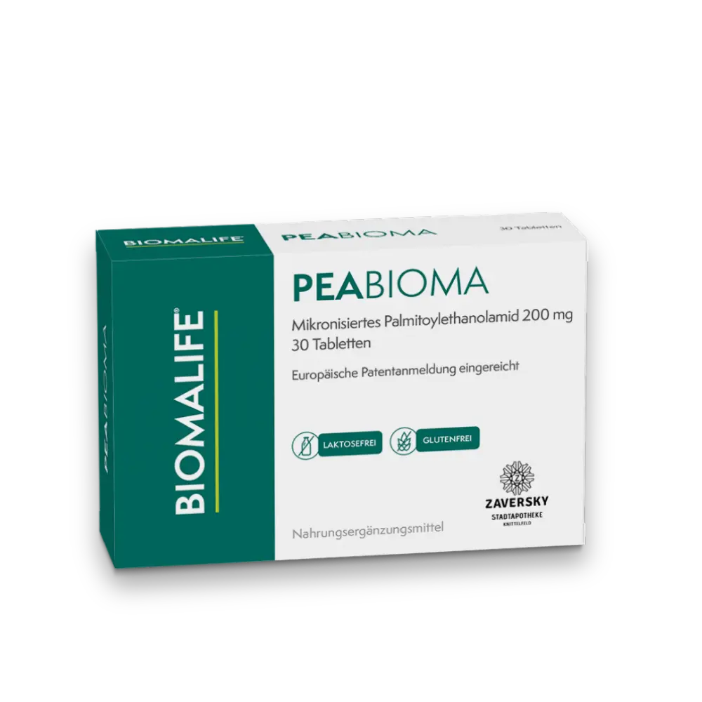Verpackung PEABIOMA von Biomalife, Nahrungsergänzungsmittel mit 200 mg mikronisiertem Palmitoylethanolamid, 30 Tabletten, laktose- und glutenfrei.
