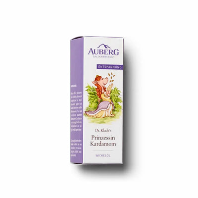 AUBERG Dr. Klade's Prinzessin Kardamom Wickelöl Entspannung, Verpackung mit Illustration eines Fuchses im Blätterkleid.