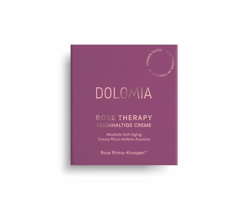 Lila Faltschachtel Dolomia Rose Therapy reichhaltige Creme, Absolute Anti-Aging mit Rosa Prima-Knospen, Vorderansicht