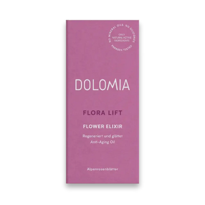 Pinke Faltschachtel Dolomia Flora Lift Flower Elixir Anti-Aging Oil mit Alpenrosenblättern, Vorderansicht