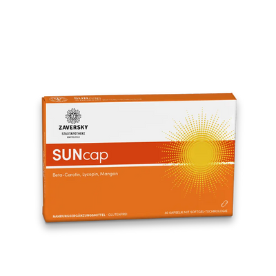 SUNcap von Zaversky, orange Verpackung mit Sonnenmotiv, Beta-Carotin, Lycopin, Mangan, 30 Kapseln, glutenfrei