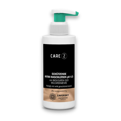 CARE Z Schützende Intim-Waschlotion pH 4.5 mit Biolysaten der Milchfermente, weiße Pumpflasche mit schwarzem Etikett und grünem Spender
