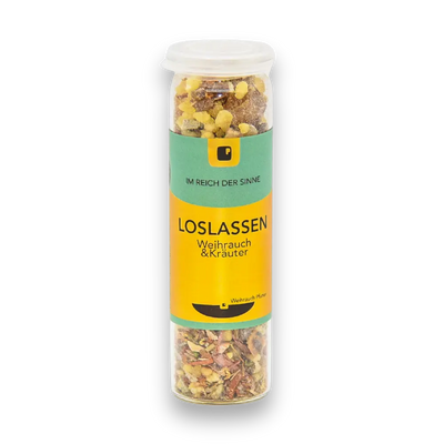 Glasdose „Loslassen" mit Weihrauch und Kräutern, gelb-grünes Etikett, Aufschrift „Im Reich der Sinne", gefüllt mit Harzstücken und Kräutermischung