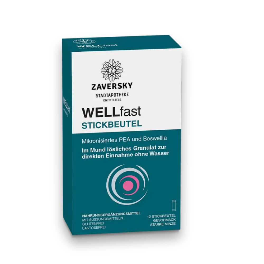 WELLfast Stickbeutel von Zaversky, petrolfarbene Verpackung mit Mikronisiertem PEA und Boswellia, 12 Stickbeutel, Geschmack starke Minze.