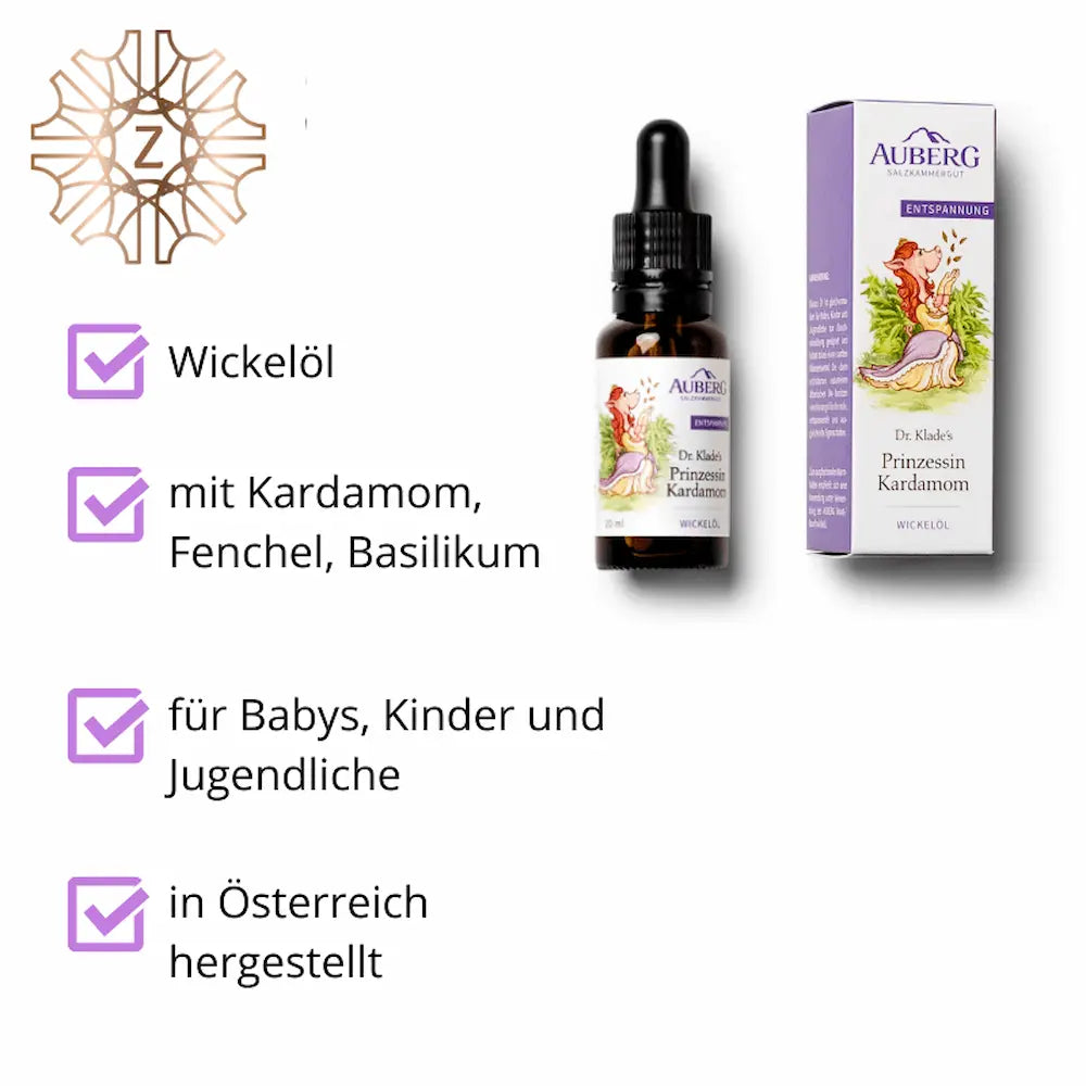 Auberg Wickelöl Prinzessin Kardamom mit Flasche und Verpackung, Infografik mit Vorteilen für Babys und Kinder in violetten Checkbox-Feldern.