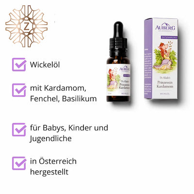 Auberg Wickelöl Prinzessin Kardamom mit Flasche und Verpackung, Infografik mit Vorteilen für Babys und Kinder in violetten Checkbox-Feldern.