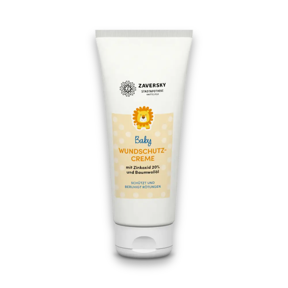 Zaversky Baby Wundschutz-Creme mit Zinkoxid 20% und Baumwollöl, weiße Tube mit Löwen-Motiv und beigem Etikett.