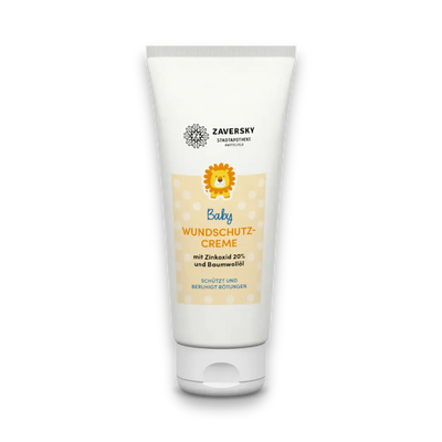 Zaversky Baby Wundschutz-Creme mit Zinkoxid 20% und Baumwollöl, weiße Tube mit Löwen-Motiv und beigem Etikett.