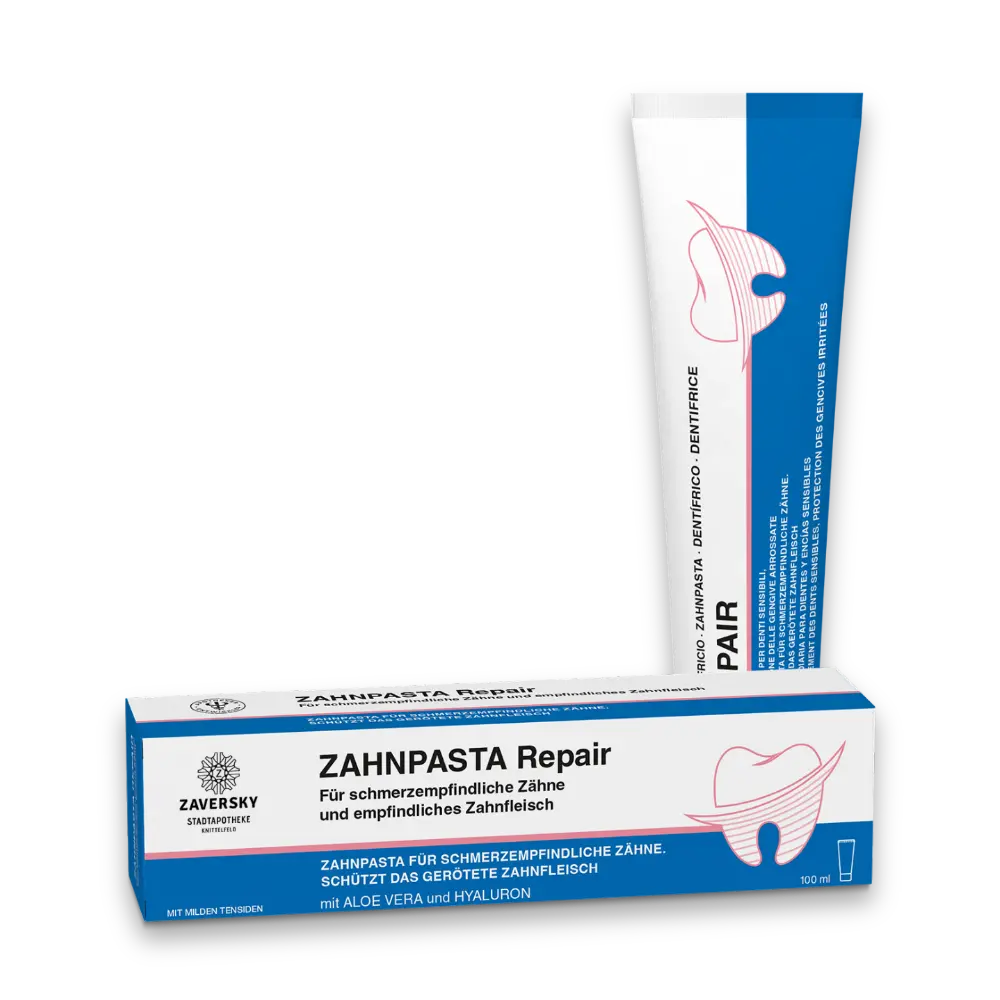 Zaversky Zahnpasta Repair, Tube und Verpackung in Blau-Weiß, für schmerzempfindliche Zähne und empfindliches Zahnfleisch, 100 ml.