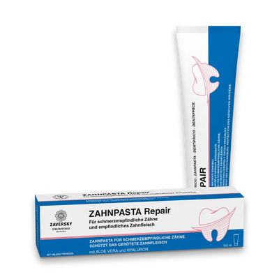 Zaversky Zahnpasta Repair, Tube und Verpackung in Blau-Weiß, für schmerzempfindliche Zähne und empfindliches Zahnfleisch, 100 ml.