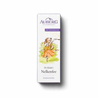 Verpackung Auberg Dr. Klade's Nelkenfee Zahnungsöl mit Illustration einer tanzenden Fee und Hinweis „Entspannung“.