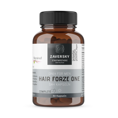 Braune Glasflasche Zaversky Hair Forze One Day Kapseln, Only for Men, 30 Kapseln, lactosefrei, fructosefrei, glutenfrei, vegan