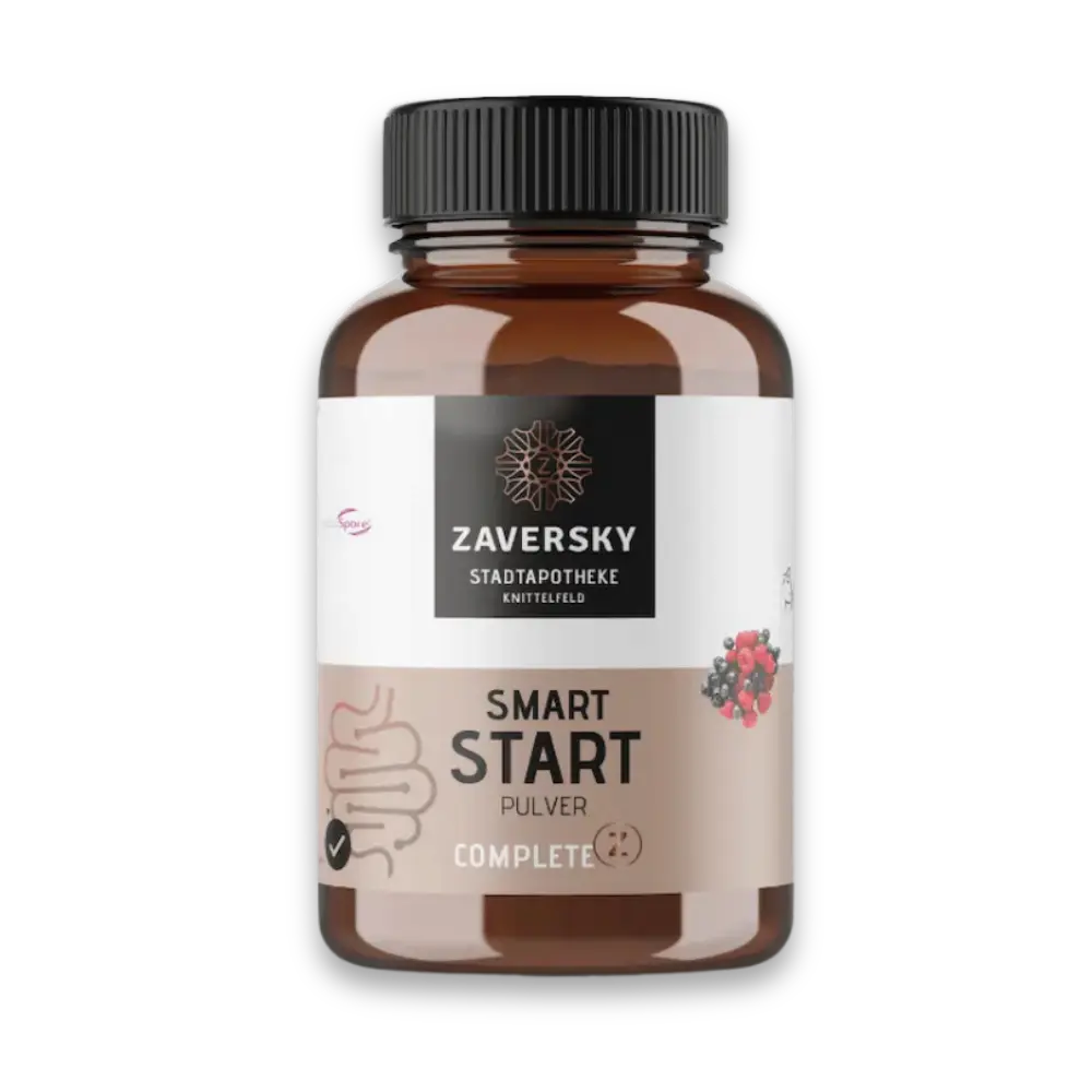 Smart Start Pulver Complete von Zaversky Stadtapotheke Knittelfeld in Braunglasflasche mit Darm-Illustration und Beeren-Motiv
