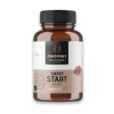 Smart Start Pulver Complete von Zaversky Stadtapotheke Knittelfeld in Braunglasflasche mit Darm-Illustration und Beeren-Motiv