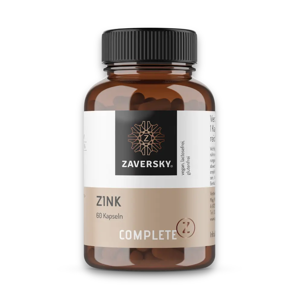 Zaversky Complete Z Zink, 60 Kapseln, braune Dose mit schwarzem Deckel und beige-weißem Etikett.