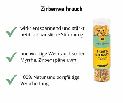Infografik Zirbenweihrauch im Glasstreuer mit gelb-grünem Etikett, dazu Vorteile: entspannend, Weihrauch, Myrrhe, Zirbenspäne, 100% Natur