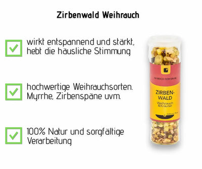Infografik Zirbenweihrauch im Glasstreuer mit ro-rot Etikett, dazu Vorteile: entspannend, Weihrauch, Myrrhe, Zirbenspäne, 100% Natur
